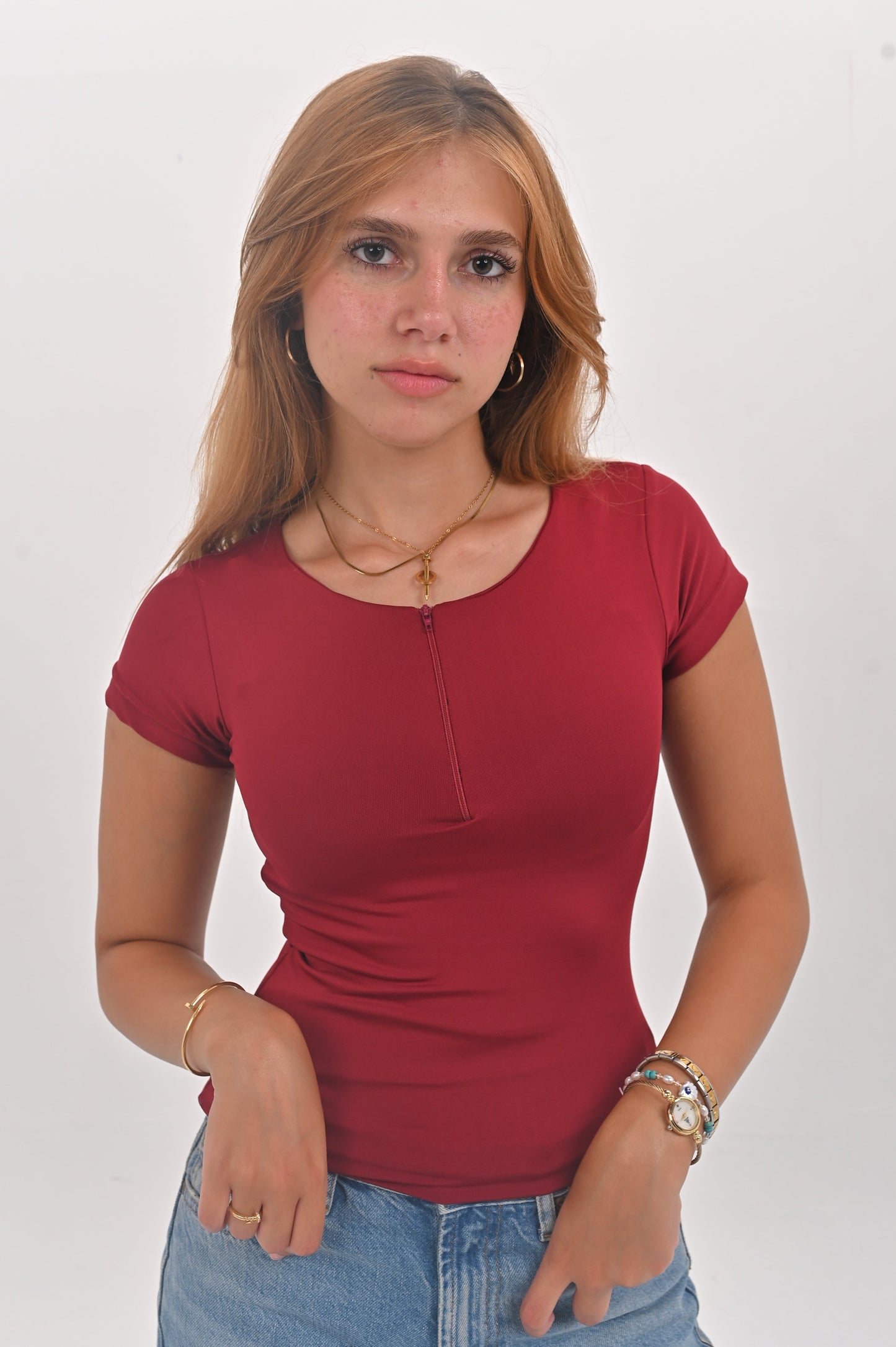 Zipper Short-sleeve Basic Top