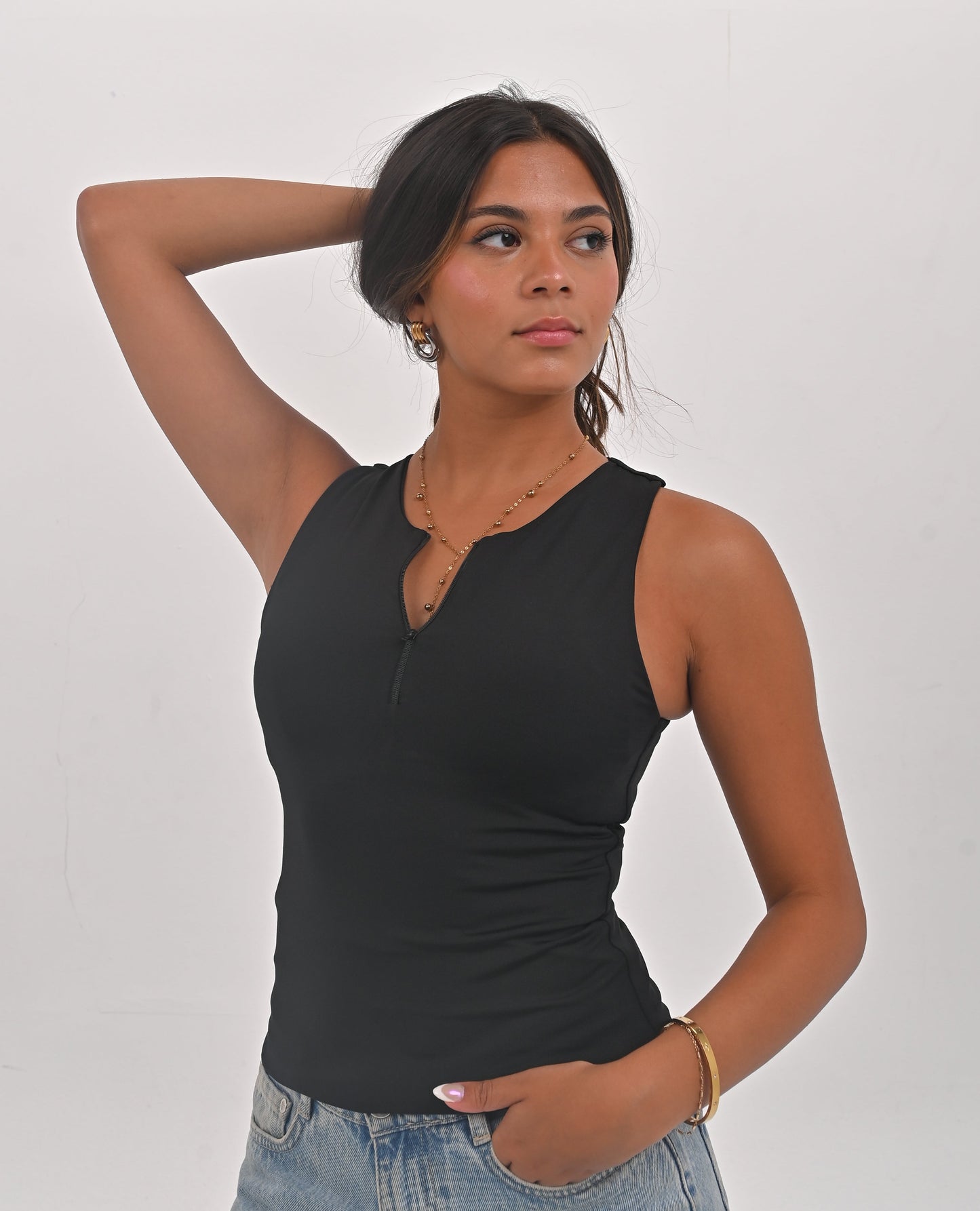 Zipper Cut-sleeve Basic Top